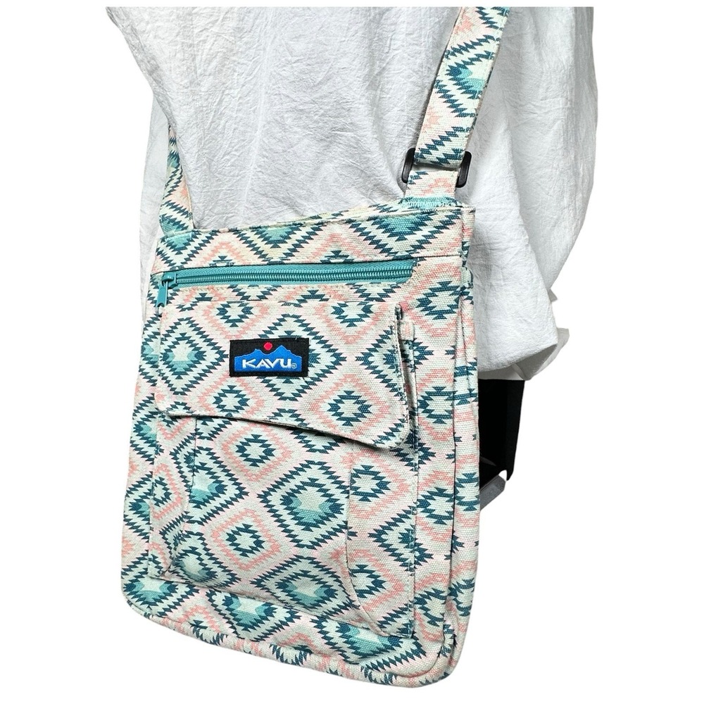 KAVU Keeper 9"x11" Bag Beige Teal Aztec Print Travel Mini Crossbody Purse Boho